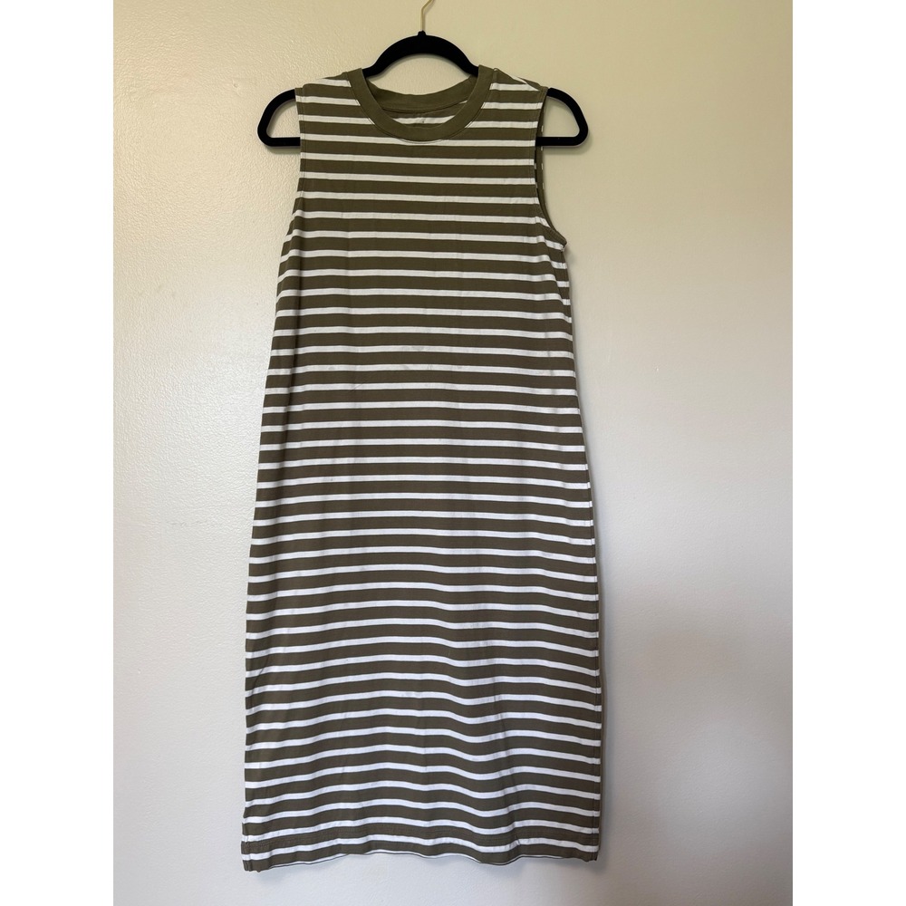 Everlane Organic Cotton Striped Sleeveless Midi Dress Olive Green White Small
